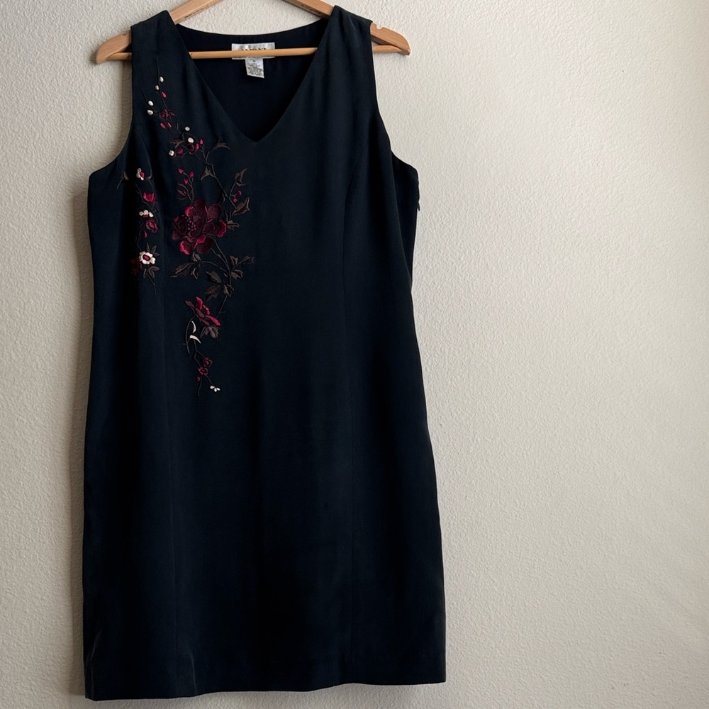 ALFANI Black Midi Dress with Red Floral Embroidery
